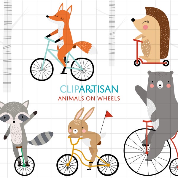 Cycling Animals Clipart | Bear Riding a Bicycle | Fox Illustration | Rabbit Illustration | Raccoon Illustration