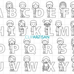 Kids Alphabet Clipart, A to Z Uppercase Digital Stamps, Kids Holding Letters, Back to School ABC Printable Art,  PNG, SVG, 0047