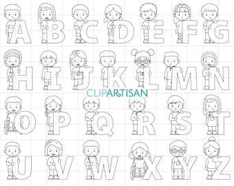 Kids Alphabet Clipart, A to Z Uppercase Digital Stamps, Kids Holding Letters, Back to School ABC Printable Art,  PNG, SVG, 0047
