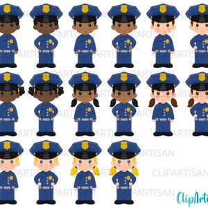 May include: A set of 12 cartoon illustrations of police officers. The officers are all wearing blue uniforms with yellow badges and hats. They are all smiling and have different hairstyles and skin tones.