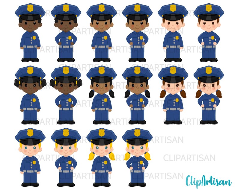 May include: A set of 12 cartoon illustrations of police officers. The officers are all wearing blue uniforms with yellow badges and hats. They are all smiling and have different hairstyles and skin tones.
