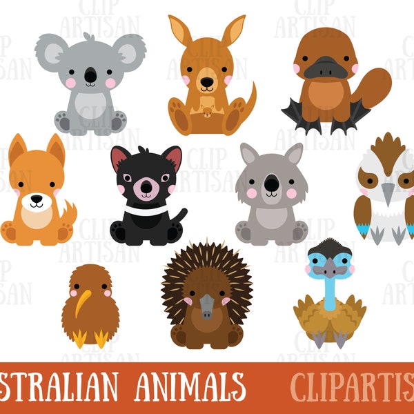 Australian Animals Clipart, Koala, Kangaroo, Wombat, Echidna, Dingo, Platypus