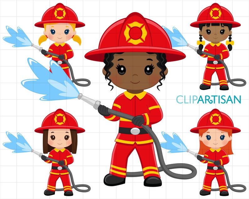 May include: Five cartoon firefighters, all wearing red and yellow uniforms, hold water hoses. The hoses are spraying water. The firefighters are all smiling and have different skin tones.