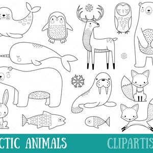 Könnte beinhalten: Schwarz-weiße Strichzeichnungen verschiedener arktischer Tiere, darunter ein Seehund, ein Pinguin, ein Rentier, eine Eule, ein Eisbär, ein Narwal, ein Walross, ein Fuchs, ein Kaninchen und ein Fisch. Die Illustrationen sind vor einem weißen Hintergrund platziert und enthalten den Text "Arctic Animals" und "Clipartisan".