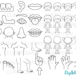 Puede incluir: Ilustraciones en blanco y negro de diferentes partes del cuerpo, incluyendo dientes, orejas, ojos, narices, bocas, brazos, piernas, manos, pies y torsos. Las ilustraciones son simples y fáciles de colorear.