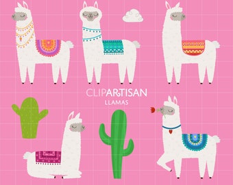 May include: A set of six colorful llama illustrations with different patterns and poses. The llamas are white with colorful saddles and accessories. The illustrations are on a pink background with a grid pattern. The text "Clipartisan Llamas" is at the bottom of the image.