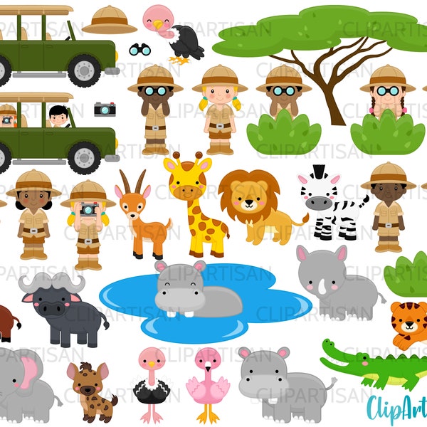 Safari Clipart, African Safari Tour, Cute Jungle Animals, Instant Download, PNG
