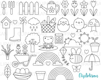 Spring Clipart, Springtime Clip Art, Floral, Arc-en-ciel, Fleurs de printemps, Raincloud, Abeille, SVG, PNG, Téléchargement instantané, 0037
