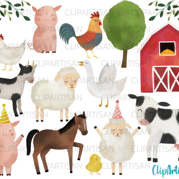Animaux de ferme d’aquarelle Clipart, cheval d’aquarelle, poulet, porc, vache