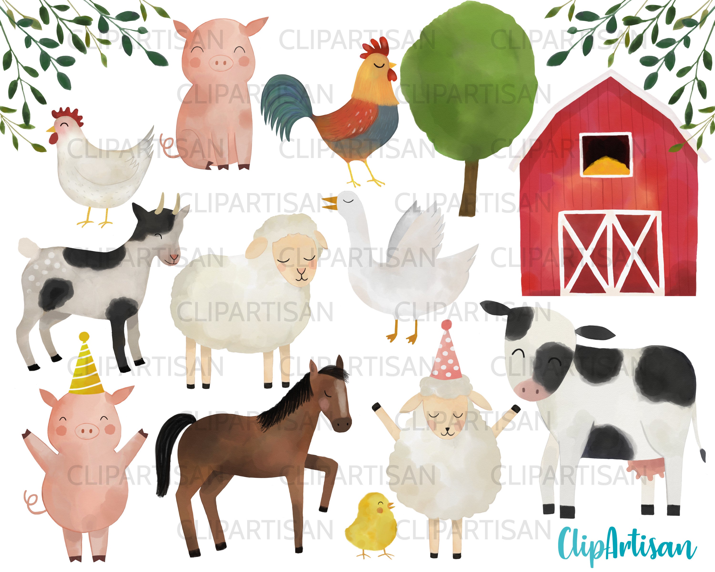 Watercolor Farm Animals Clipart Watercolor Horse Chicken - Etsy