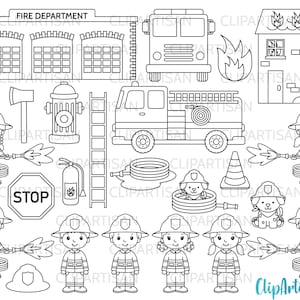 Firefighter Digital Stamps, Fire Fighter Clip Art, Fireman, Fire Engine, Fire Truck, PNG, SVG