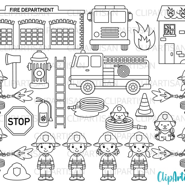 Firefighter Digital Stamps, Fire Fighter Clip Art, Fireman, Fire Engine, Fire Truck, PNG, SVG