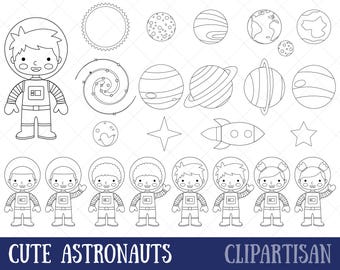 Astronaut Digital Stamps | Cute Astronauts Clipart | Space Line Art