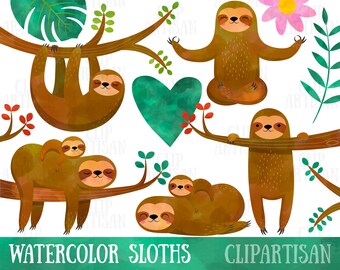 Watercolor Sloths Clipart, Mother's Day