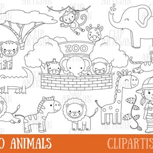 Safari Zoo Animals Clipart, Digital Stamps, Black and White Line Art