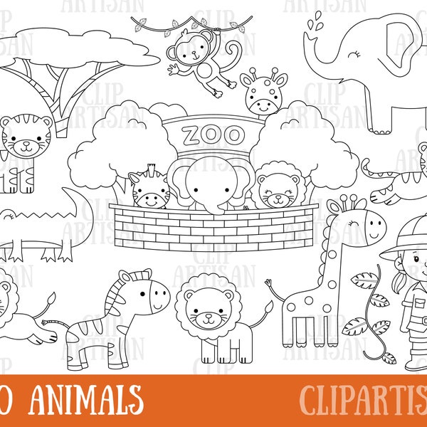 Safari Zoo Animals Clipart, Digital Stamps, Black and White Line Art