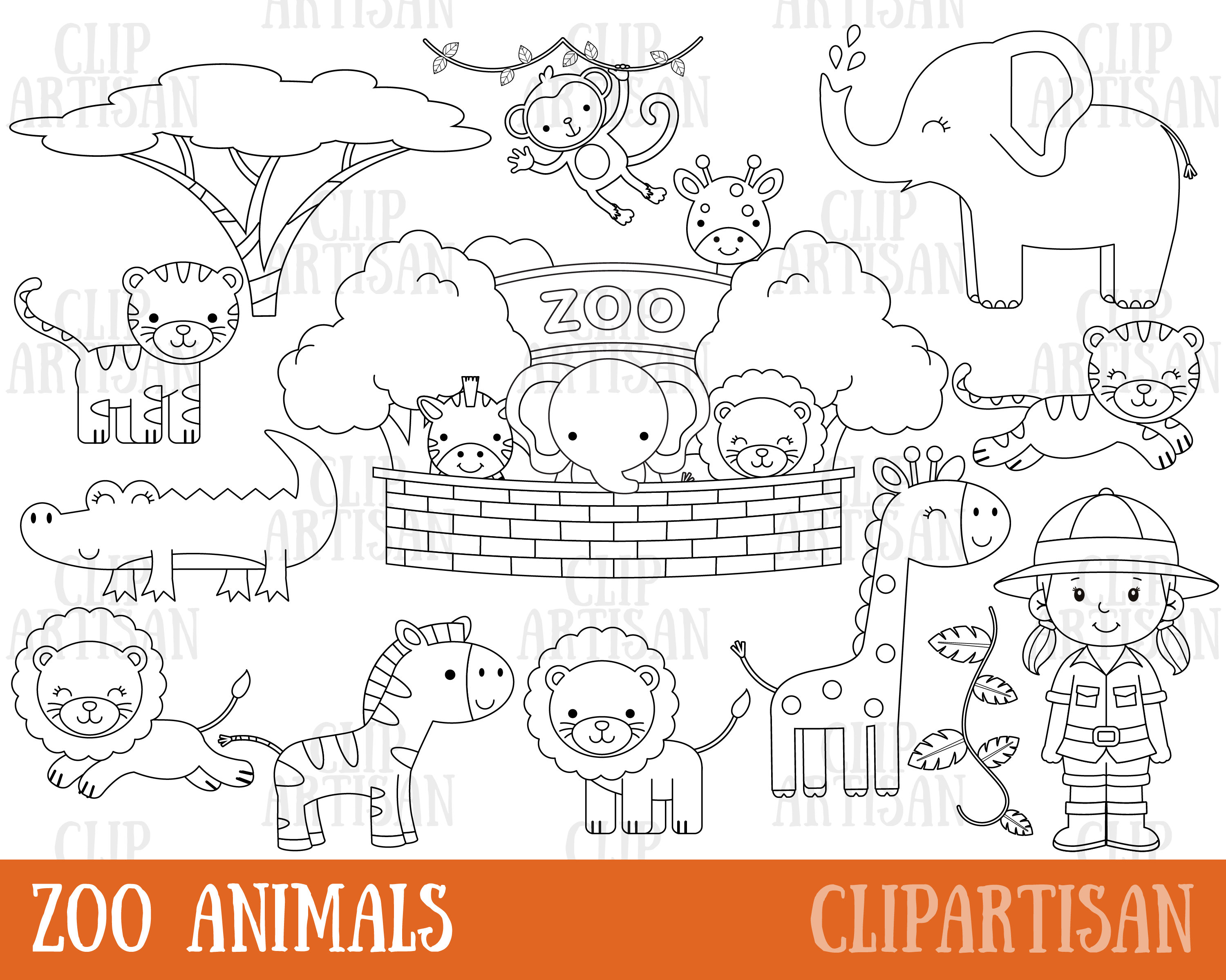 Safari Zoo Animals Clipart Digital Stamps Black And White Etsy Singapore