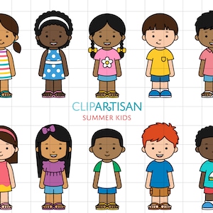 Cartoon Kids Clipart, Clipart de niños en edad escolar, Niños lindos con ropa de verano, Clipart de niña, Clip Art de niño, PNG, SVG, 0043