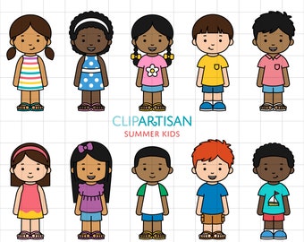 Cartoon Kids Clipart, School Children Clipart, Cute Kids in Summer Clothes, Girl Clipart, Boy Clip Art, PNG, SVG, 0043