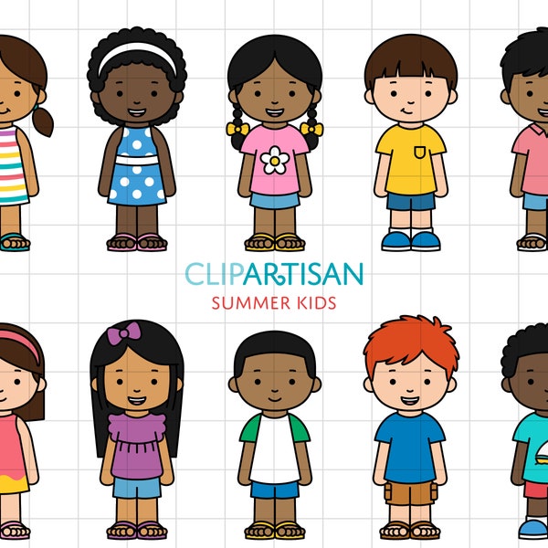 Cartoon Kids Clipart, School Children Clipart, Cute Kids in Summer Clothes, Girl Clipart, Boy Clip Art, PNG, SVG, 0043
