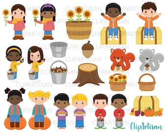 Puede incluir: Un conjunto de ilustraciones de clip art con temática otoñal que presentan niños, animales y follaje de otoño. Las ilustraciones incluyen una variedad de personajes, como niños recogiendo manzanas, ardillas sosteniendo bellotas y un niño sentado en una paca de heno. Las ilustraciones son perfectas para crear manualidades, tarjetas y otros proyectos con temática otoñal.