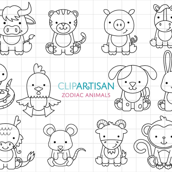 Chinese Zodiac Animals Digital Stamps | Chinese New Year Clip Art