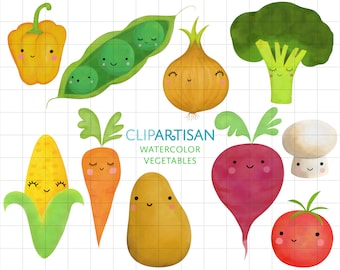 Happy Vegetables Watercolor Clipart / Kawaii Clip Art / Cute Vegetables