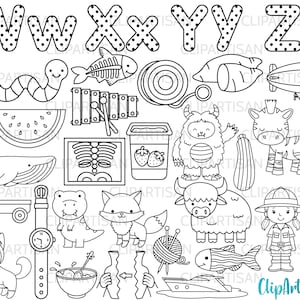 May include: Black and white line art illustrations of various objects, including a whale, a caterpillar, a watermelon, a xylophone, a monster, a zebra, a zipper, a watch, a fox, a bull, a fish, a yarn ball, a bowl, a cat, and a boat. The letters W, X, Y, and Z are also included in the image, each with a polka dot pattern.