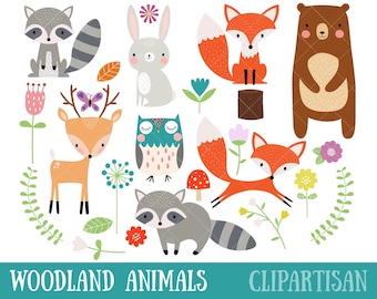 Woodland Animal Clipart | Fox | Bear | Raccoon | Deer | Owl | Nursery Art