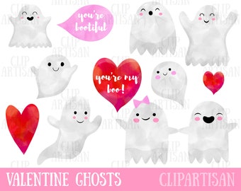 Watercolor Valentine's Ghosts Clipart, Cute Ghost Clip Art