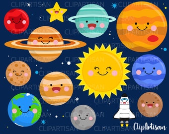 Kawaii Planets Clipart, Cute Planets, Happy Solar System, Smiley Planets, INSTANT DOWNLOAD