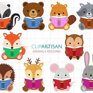 Tiere Lesen ein Buch Clipart, Waldtiere, Schulanfang, PNG SVG 0060