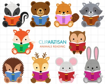 Animals Reading a Book Clipart, Woodland Animals, Back to School Printable, PNG SVG 0060