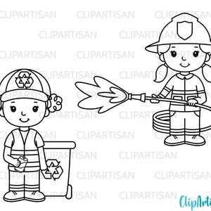 May include: Black and white line art illustration of two children dressed as a firefighter and a recycling worker. The firefighter is holding a hose and the recycling worker is holding a can and standing next to a recycling bin.