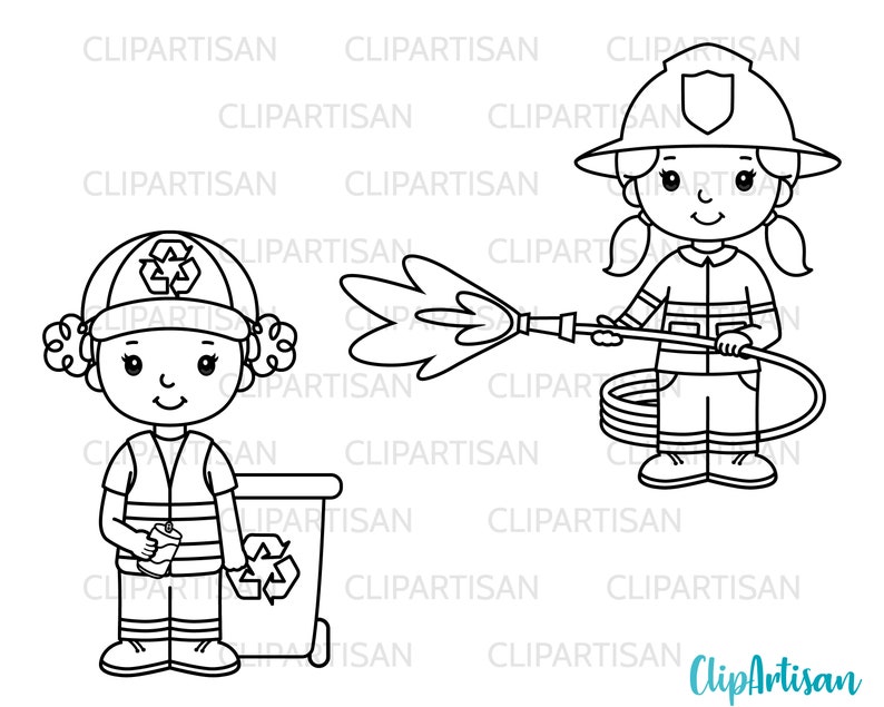 May include: Black and white line art illustration of two children dressed as a firefighter and a recycling worker. The firefighter is holding a hose and the recycling worker is holding a can and standing next to a recycling bin.