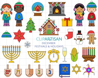 December Festivals and Holidays Clipart, Hanukkah Digital Stamps, Kwanzaa Clipart, Las Posada, New Year's Eve, Winter Clipart PNG SVG 0053