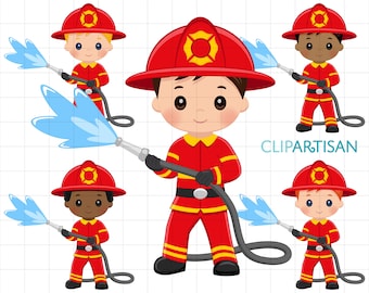 Firefighter Boys Clipart, Community Helpers, Cute Fireman Clip Art, Fire Hose Clipart, Occupation Graphics, PNG, SVG, Instant Download 0057