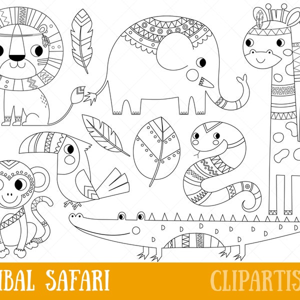 Tribal Safari Animals Clipart | African Animals Digital Stamp | Line Art | EPS