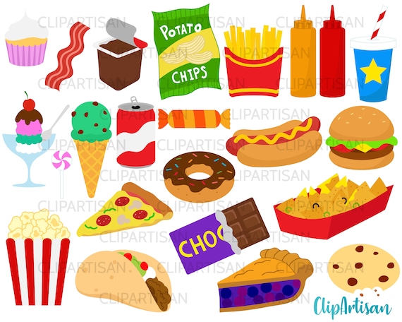 Junk Food clip Art, Fast Food Clipart, Hamburger, Pizza, Donut