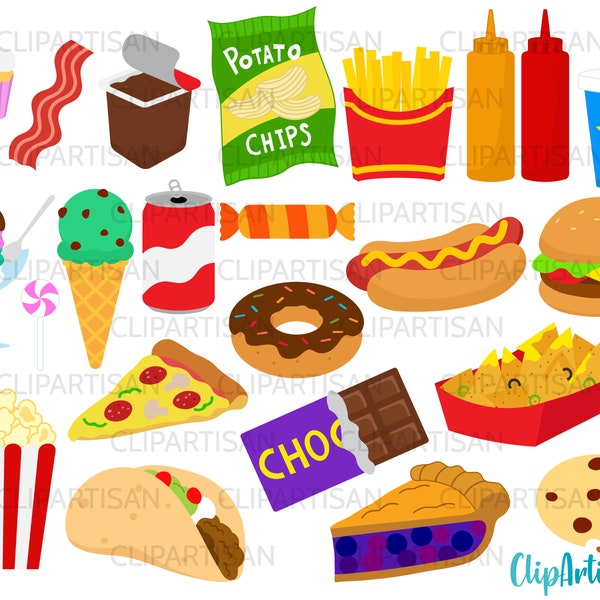Junk Food clip Art, Fast Food Clipart, Hamburger, Pizza, Donut, Hot Dog, Ice Cream, Treats