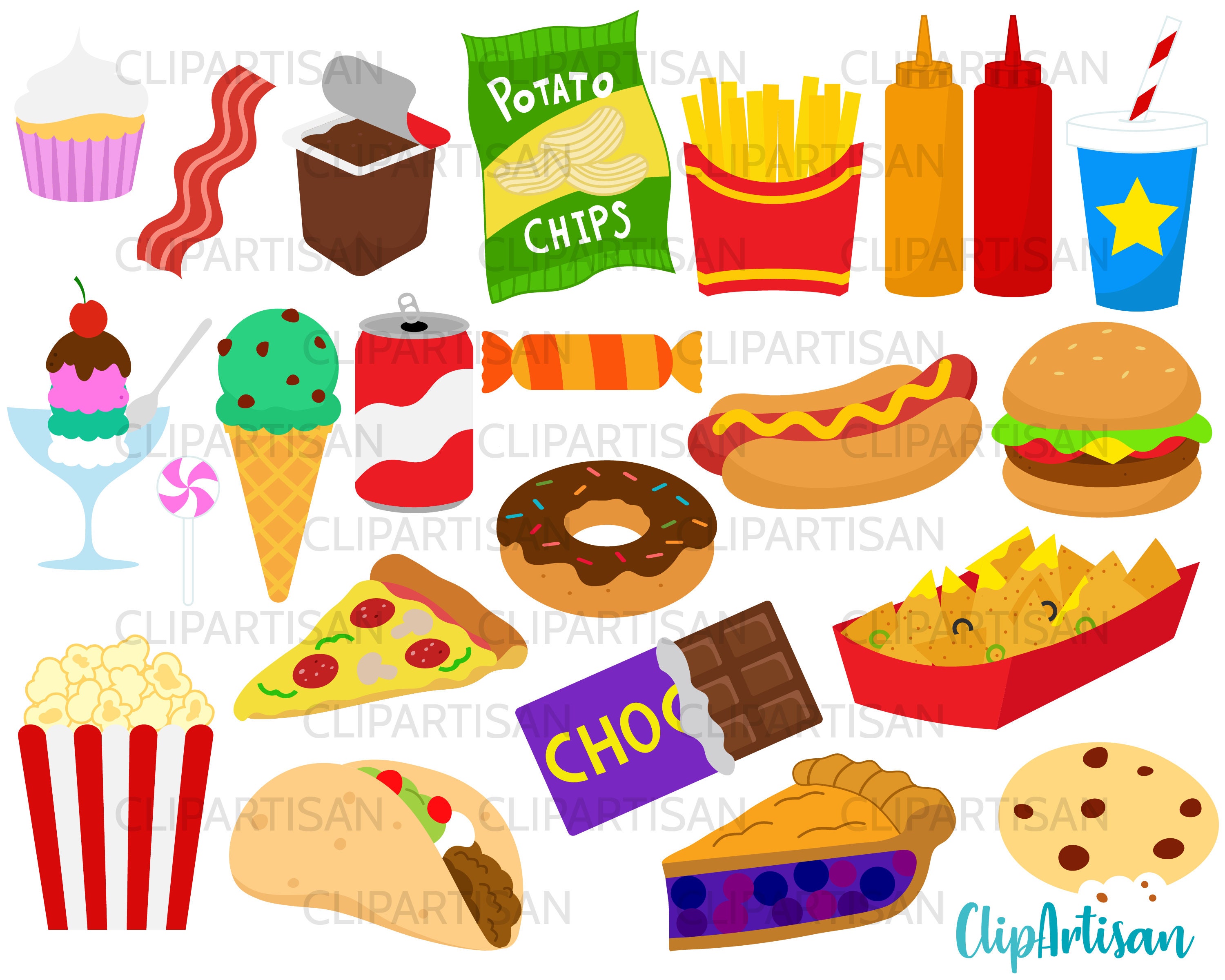 Junk Food clip Art, Fast Food Clipart, Hamburger, Pizza, Donut, Hot Dog,  Ice Cream, Treats