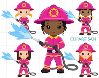 Firefighter Girls Clipart, Community Helpers, Pink Firefighter Clip Art, Occupation, African American, PNG, SVG, Instant Download 0057