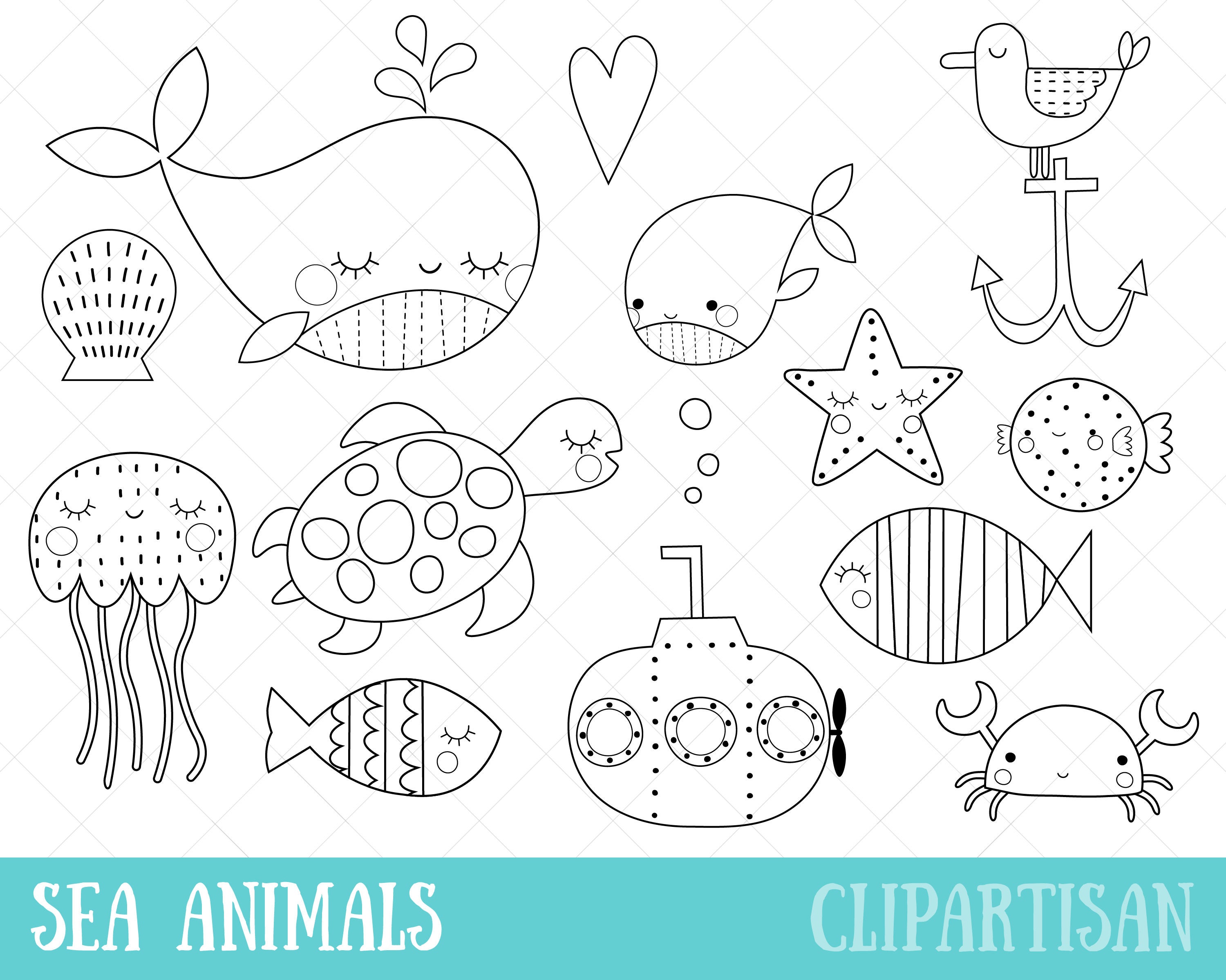 Sea Animals Clipart Sea Creatures Digital Stamps Png Eps Etsy