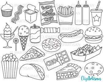 Junk Food digitale Briefmarken, Fast Food ClipArt, Hamburger, Pizza, Donut, Hot Dog, Eis