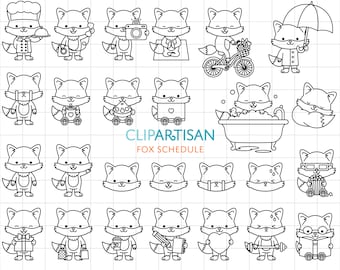 Kawaii Fox Clip Art, Cute Foxes Digital Stamps, Fall Fox, Yoga Fox, Sleeping Fox, Fox at Work, Autumn, Instant Download PNG SVG 0049