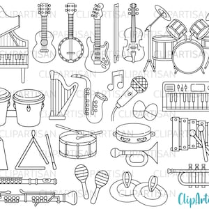 Musical Instruments Clipart Digital Stamps, Guitar, Violin, Drums, Xylophone, Brass, Woodwind, Piano, Trumpet, Orchestra, PNG, SVG 0027