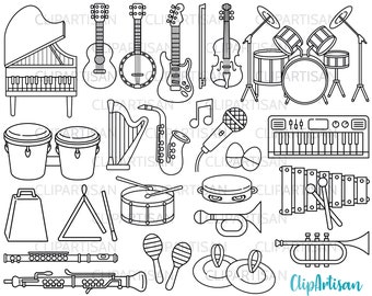 Musical Instruments Clipart Digital Stamps, Guitar, Violin, Drums, Xylophone, Brass, Woodwind, Piano, Trumpet, Orchestra, PNG, SVG 0027