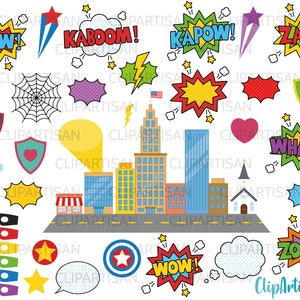 Superhero Comic Text Clipart, Comic Book Elements, Superhero Party, Pop Art, Speech bubble INSTANT DOWNLOAD 0020