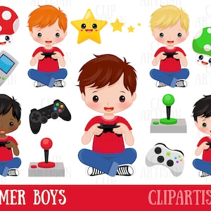 May include: Clipart set of gamer boys with different skin tones holding video game controllers. The set includes a red, green, and white controller, a joystick, and a retro game console. The boys are wearing red shirts and blue jeans. The set also includes a red and white mushroom, a green mushroom, and a yellow star.