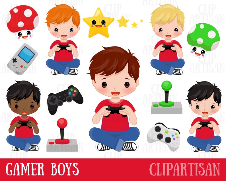 Puede incluir: Conjunto de clipart de chicos jugadores con diferentes tonos de piel sosteniendo mandos de videojuegos. El conjunto incluye un mando rojo, verde y blanco, un joystick y una consola de juegos retro. Los chicos llevan camisas rojas y pantalones vaqueros azules. El conjunto tambi&eacute;n incluye un hongo rojo y blanco, un hongo verde y una estrella amarilla.